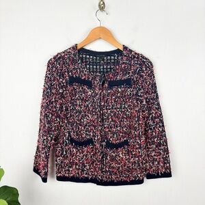 Ann Taylor Navy & Pink Fuzzy Bow Tweed Knit Cardigan Blazer Jacket Sz XS